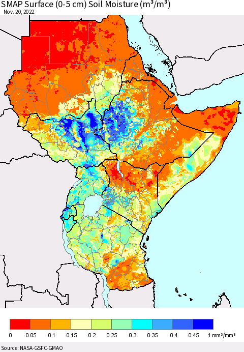 Eastern Africa SMAP Surface (0-5 cm) Soil Moisture (m³/m³) Thematic Map For 11/16/2022 - 11/20/2022
