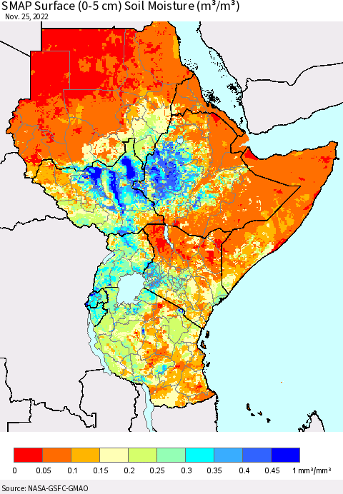 Eastern Africa SMAP Surface (0-5 cm) Soil Moisture (m³/m³) Thematic Map For 11/21/2022 - 11/25/2022