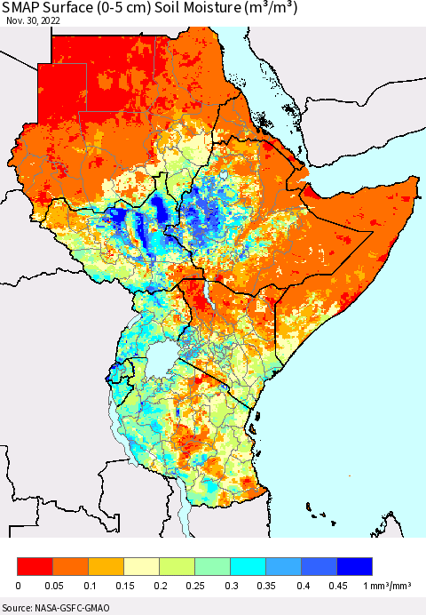 Eastern Africa SMAP Surface (0-5 cm) Soil Moisture (m³/m³) Thematic Map For 11/26/2022 - 11/30/2022