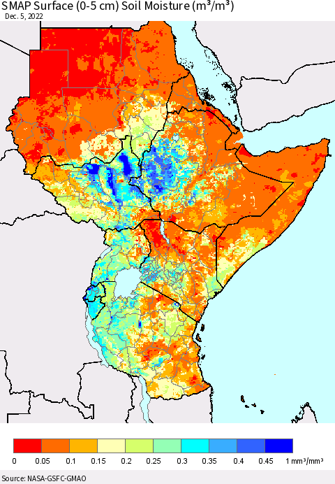 Eastern Africa SMAP Surface (0-5 cm) Soil Moisture (m³/m³) Thematic Map For 12/1/2022 - 12/5/2022