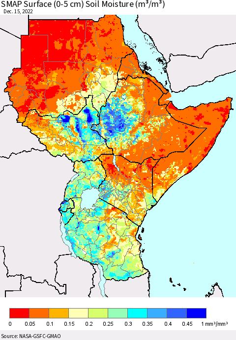 Eastern Africa SMAP Surface (0-5 cm) Soil Moisture (m³/m³) Thematic Map For 12/11/2022 - 12/15/2022