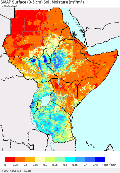 Eastern Africa SMAP Surface (0-5 cm) Soil Moisture (m³/m³) Thematic Map For 12/16/2022 - 12/20/2022