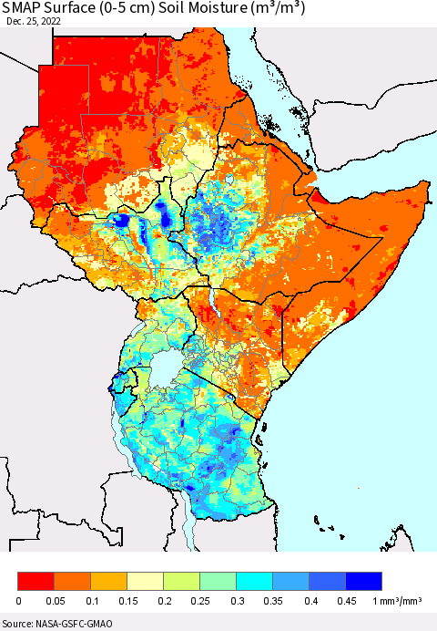 Eastern Africa SMAP Surface (0-5 cm) Soil Moisture (m³/m³) Thematic Map For 12/21/2022 - 12/25/2022