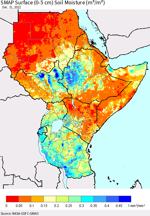 Eastern Africa SMAP Surface (0-5 cm) Soil Moisture (m³/m³) Thematic Map For 12/26/2022 - 12/31/2022