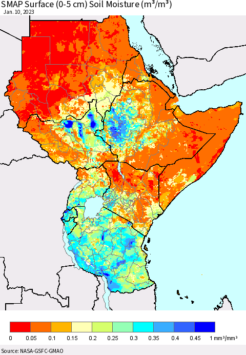 Eastern Africa SMAP Surface (0-5 cm) Soil Moisture (m³/m³) Thematic Map For 1/6/2023 - 1/10/2023
