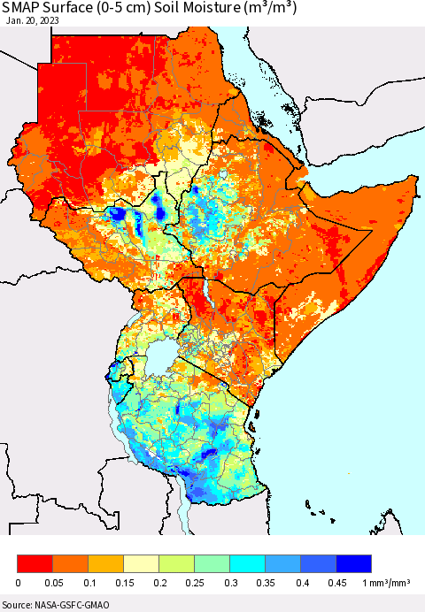 Eastern Africa SMAP Surface (0-5 cm) Soil Moisture (m³/m³) Thematic Map For 1/16/2023 - 1/20/2023