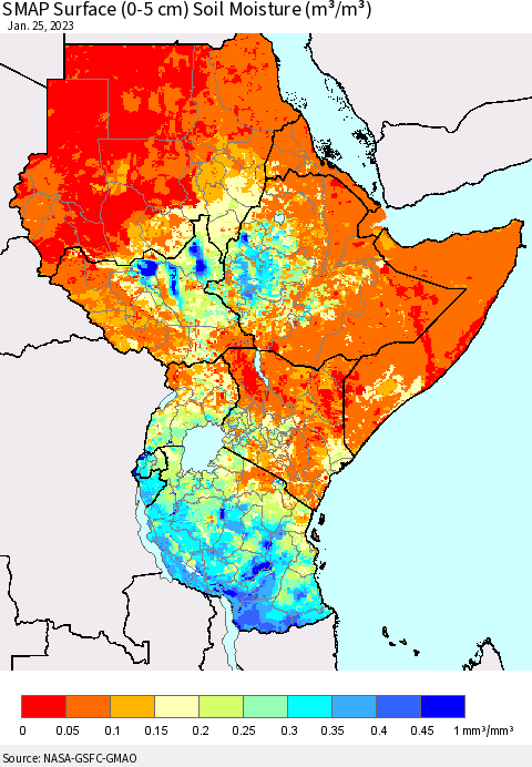 Eastern Africa SMAP Surface (0-5 cm) Soil Moisture (m³/m³) Thematic Map For 1/21/2023 - 1/25/2023