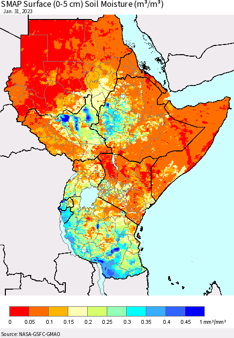 Eastern Africa SMAP Surface (0-5 cm) Soil Moisture (m³/m³) Thematic Map For 1/26/2023 - 1/31/2023