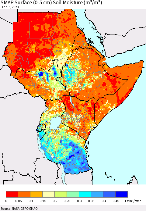 Eastern Africa SMAP Surface (0-5 cm) Soil Moisture (m³/m³) Thematic Map For 2/1/2023 - 2/5/2023