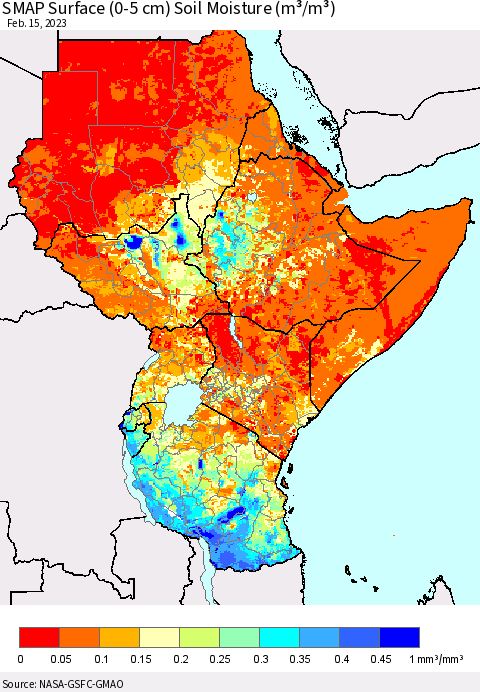 Eastern Africa SMAP Surface (0-5 cm) Soil Moisture (m³/m³) Thematic Map For 2/11/2023 - 2/15/2023