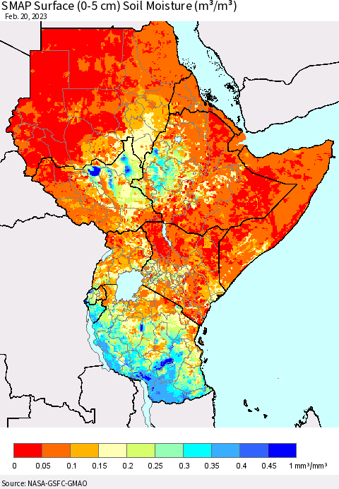 Eastern Africa SMAP Surface (0-5 cm) Soil Moisture (m³/m³) Thematic Map For 2/16/2023 - 2/20/2023