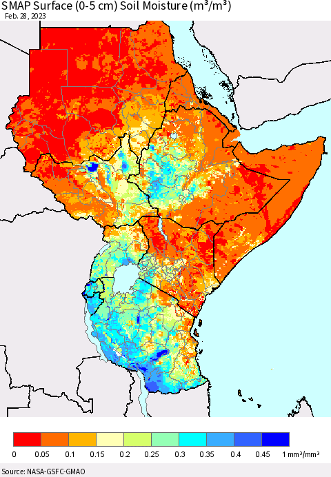 Eastern Africa SMAP Surface (0-5 cm) Soil Moisture (m³/m³) Thematic Map For 2/26/2023 - 2/28/2023