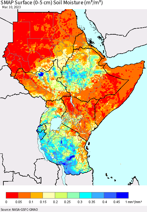 Eastern Africa SMAP Surface (0-5 cm) Soil Moisture (m³/m³) Thematic Map For 3/6/2023 - 3/10/2023