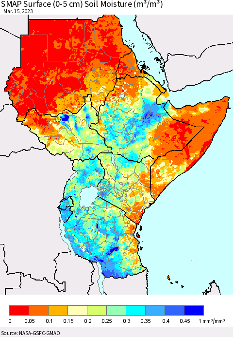Eastern Africa SMAP Surface (0-5 cm) Soil Moisture (m³/m³) Thematic Map For 3/11/2023 - 3/15/2023