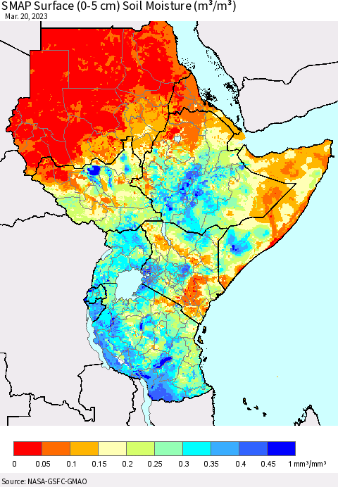 Eastern Africa SMAP Surface (0-5 cm) Soil Moisture (m³/m³) Thematic Map For 3/16/2023 - 3/20/2023
