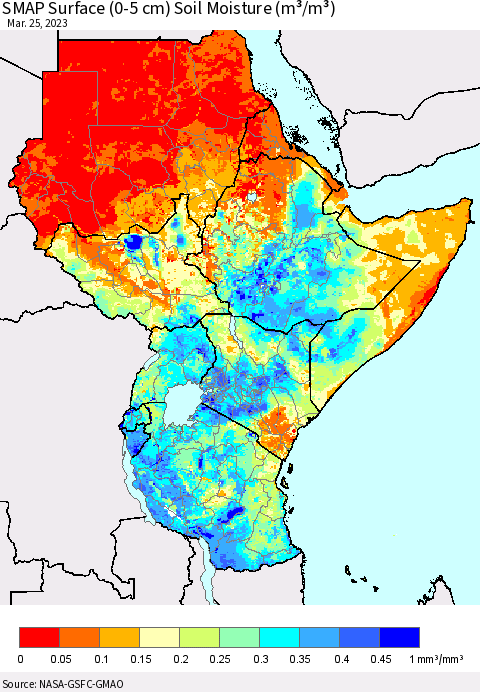 Eastern Africa SMAP Surface (0-5 cm) Soil Moisture (m³/m³) Thematic Map For 3/21/2023 - 3/25/2023