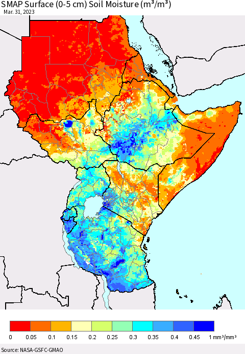 Eastern Africa SMAP Surface (0-5 cm) Soil Moisture (m³/m³) Thematic Map For 3/26/2023 - 3/31/2023