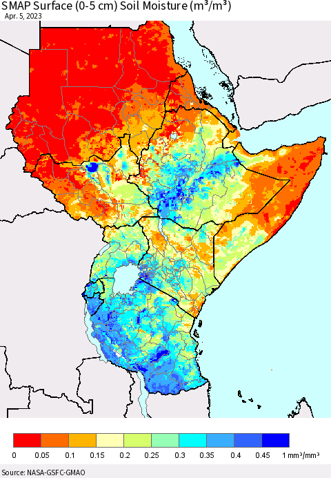 Eastern Africa SMAP Surface (0-5 cm) Soil Moisture (m³/m³) Thematic Map For 4/1/2023 - 4/5/2023