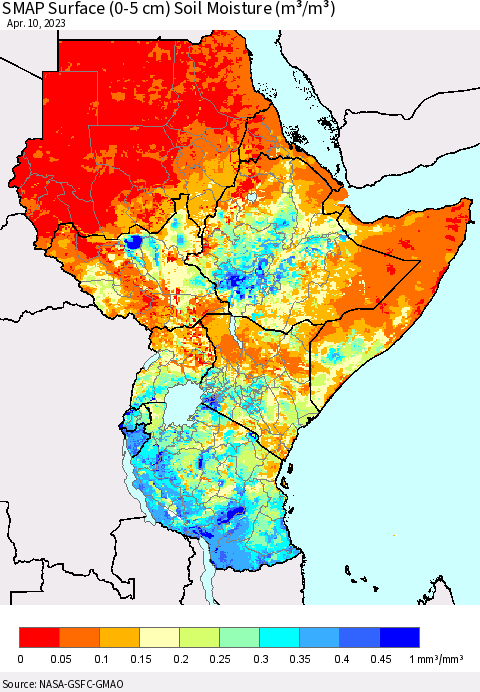 Eastern Africa SMAP Surface (0-5 cm) Soil Moisture (m³/m³) Thematic Map For 4/6/2023 - 4/10/2023
