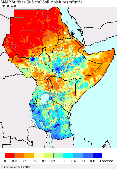 Eastern Africa SMAP Surface (0-5 cm) Soil Moisture (m³/m³) Thematic Map For 4/11/2023 - 4/15/2023