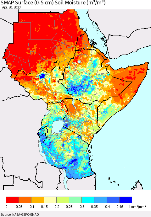 Eastern Africa SMAP Surface (0-5 cm) Soil Moisture (m³/m³) Thematic Map For 4/16/2023 - 4/20/2023