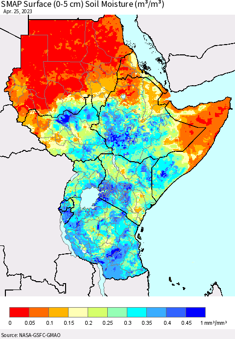 Eastern Africa SMAP Surface (0-5 cm) Soil Moisture (m³/m³) Thematic Map For 4/21/2023 - 4/25/2023
