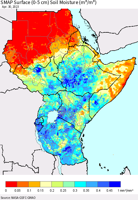 Eastern Africa SMAP Surface (0-5 cm) Soil Moisture (m³/m³) Thematic Map For 4/26/2023 - 4/30/2023