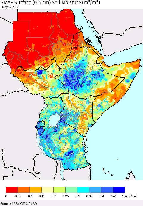 Eastern Africa SMAP Surface (0-5 cm) Soil Moisture (m³/m³) Thematic Map For 5/1/2023 - 5/5/2023