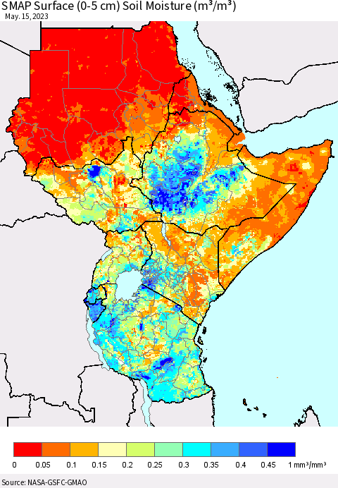 Eastern Africa SMAP Surface (0-5 cm) Soil Moisture (m³/m³) Thematic Map For 5/11/2023 - 5/15/2023