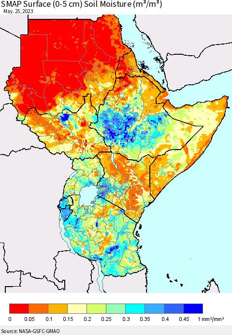 Eastern Africa SMAP Surface (0-5 cm) Soil Moisture (m³/m³) Thematic Map For 5/21/2023 - 5/25/2023
