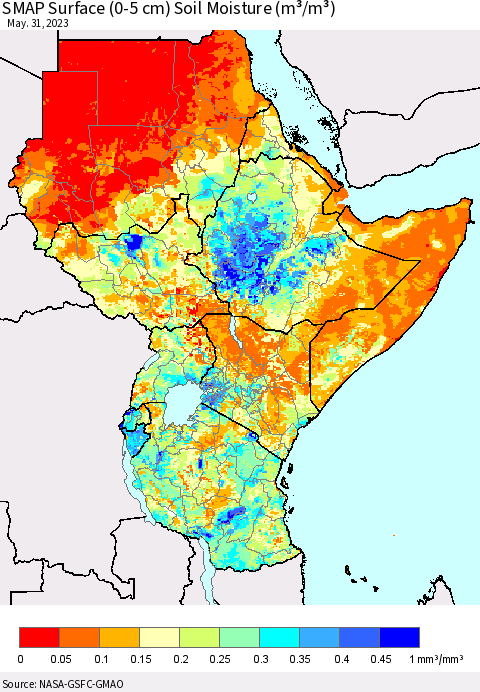 Eastern Africa SMAP Surface (0-5 cm) Soil Moisture (m³/m³) Thematic Map For 5/26/2023 - 5/31/2023