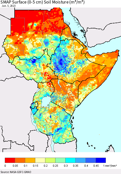 Eastern Africa SMAP Surface (0-5 cm) Soil Moisture (m³/m³) Thematic Map For 6/1/2023 - 6/5/2023