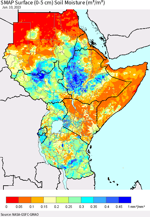 Eastern Africa SMAP Surface (0-5 cm) Soil Moisture (m³/m³) Thematic Map For 6/6/2023 - 6/10/2023