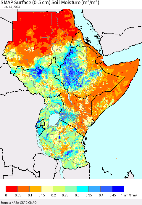 Eastern Africa SMAP Surface (0-5 cm) Soil Moisture (m³/m³) Thematic Map For 6/11/2023 - 6/15/2023