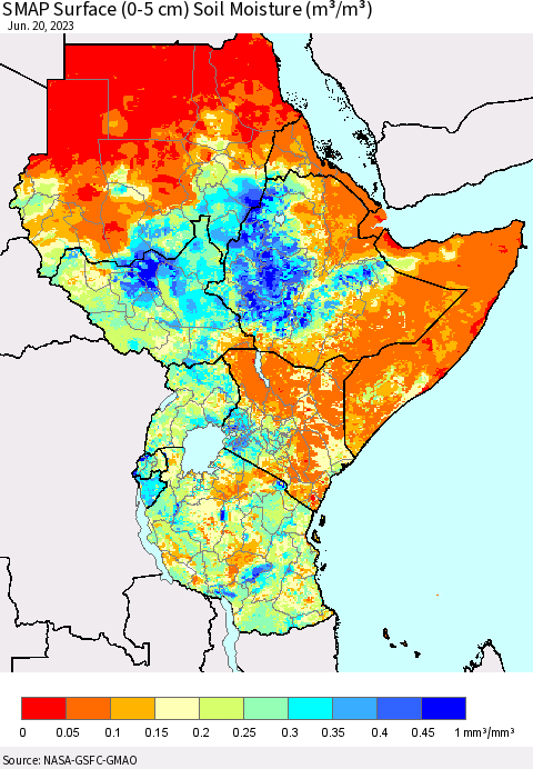 Eastern Africa SMAP Surface (0-5 cm) Soil Moisture (m³/m³) Thematic Map For 6/16/2023 - 6/20/2023
