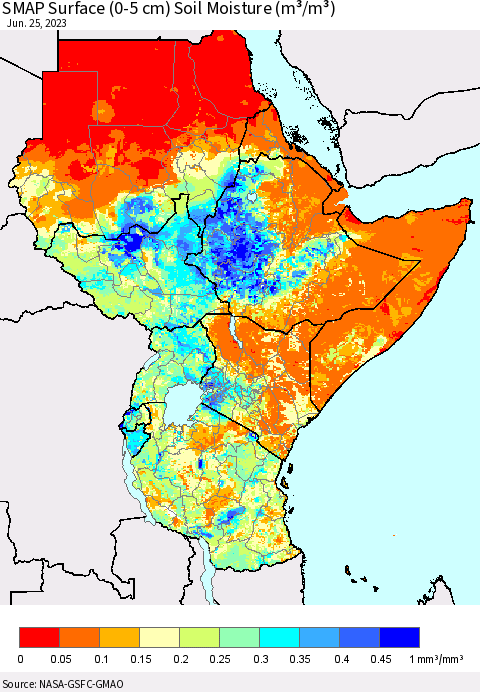 Eastern Africa SMAP Surface (0-5 cm) Soil Moisture (m³/m³) Thematic Map For 6/21/2023 - 6/25/2023