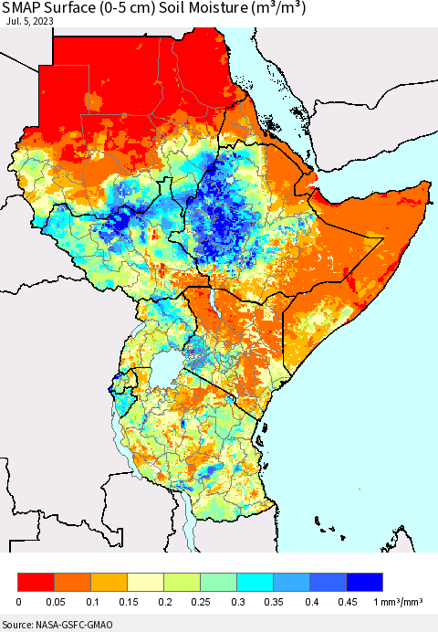 Eastern Africa SMAP Surface (0-5 cm) Soil Moisture (m³/m³) Thematic Map For 7/1/2023 - 7/5/2023