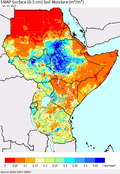 Eastern Africa SMAP Surface (0-5 cm) Soil Moisture (m³/m³) Thematic Map For 7/6/2023 - 7/10/2023