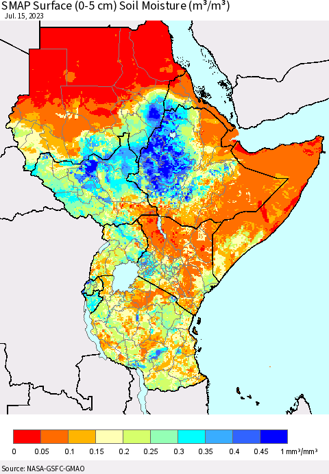 Eastern Africa SMAP Surface (0-5 cm) Soil Moisture (m³/m³) Thematic Map For 7/11/2023 - 7/15/2023