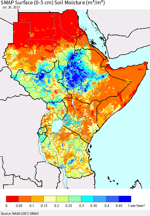Eastern Africa SMAP Surface (0-5 cm) Soil Moisture (m³/m³) Thematic Map For 7/16/2023 - 7/20/2023