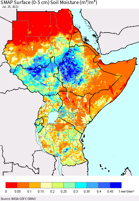 Eastern Africa SMAP Surface (0-5 cm) Soil Moisture (m³/m³) Thematic Map For 7/21/2023 - 7/25/2023