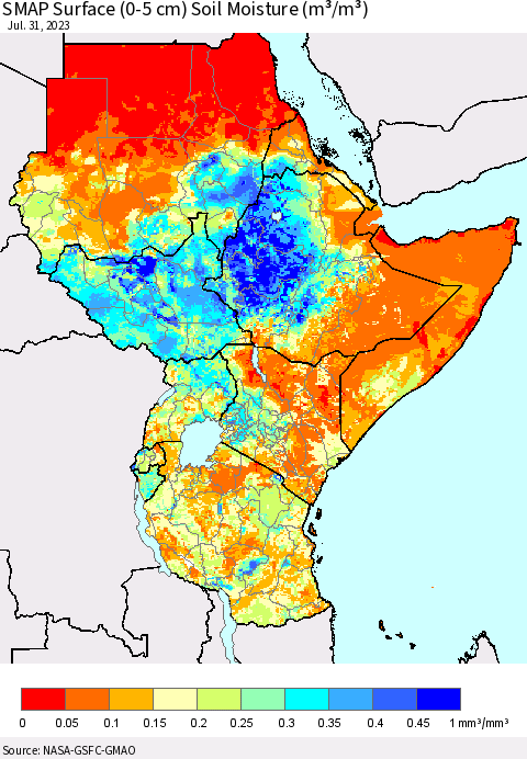 Eastern Africa SMAP Surface (0-5 cm) Soil Moisture (m³/m³) Thematic Map For 7/26/2023 - 7/31/2023