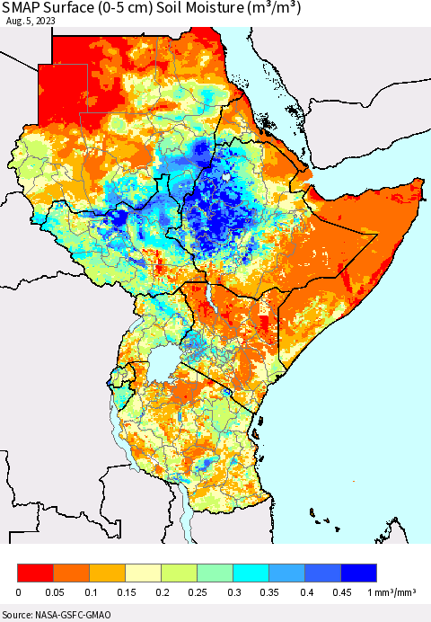 Eastern Africa SMAP Surface (0-5 cm) Soil Moisture (m³/m³) Thematic Map For 8/1/2023 - 8/5/2023
