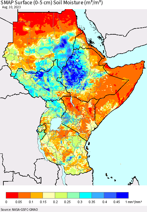 Eastern Africa SMAP Surface (0-5 cm) Soil Moisture (m³/m³) Thematic Map For 8/6/2023 - 8/10/2023