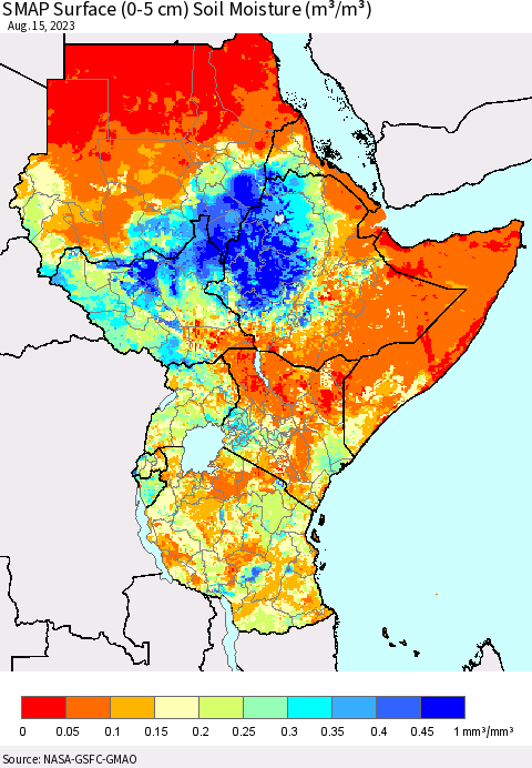 Eastern Africa SMAP Surface (0-5 cm) Soil Moisture (m³/m³) Thematic Map For 8/11/2023 - 8/15/2023