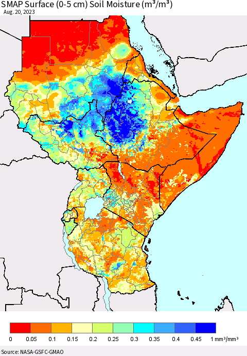 Eastern Africa SMAP Surface (0-5 cm) Soil Moisture (m³/m³) Thematic Map For 8/16/2023 - 8/20/2023