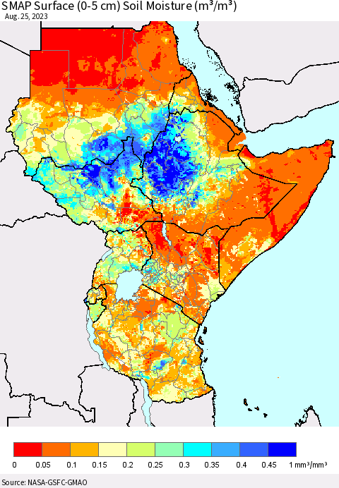 Eastern Africa SMAP Surface (0-5 cm) Soil Moisture (m³/m³) Thematic Map For 8/21/2023 - 8/25/2023