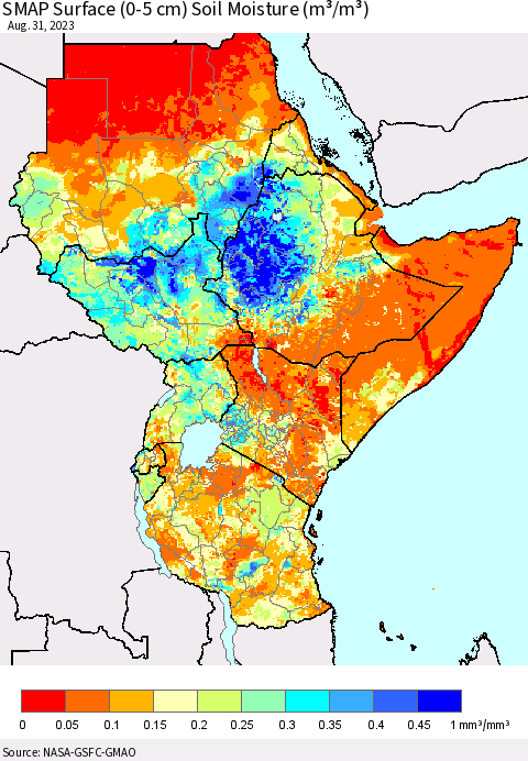 Eastern Africa SMAP Surface (0-5 cm) Soil Moisture (m³/m³) Thematic Map For 8/26/2023 - 8/31/2023