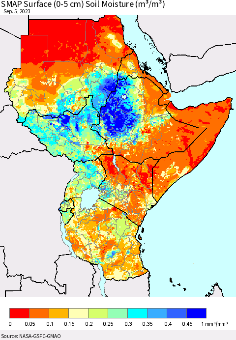 Eastern Africa SMAP Surface (0-5 cm) Soil Moisture (m³/m³) Thematic Map For 9/1/2023 - 9/5/2023