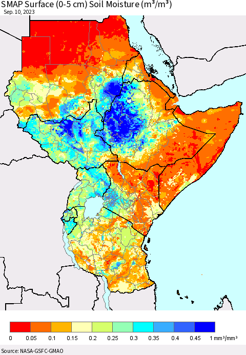 Eastern Africa SMAP Surface (0-5 cm) Soil Moisture (m³/m³) Thematic Map For 9/6/2023 - 9/10/2023